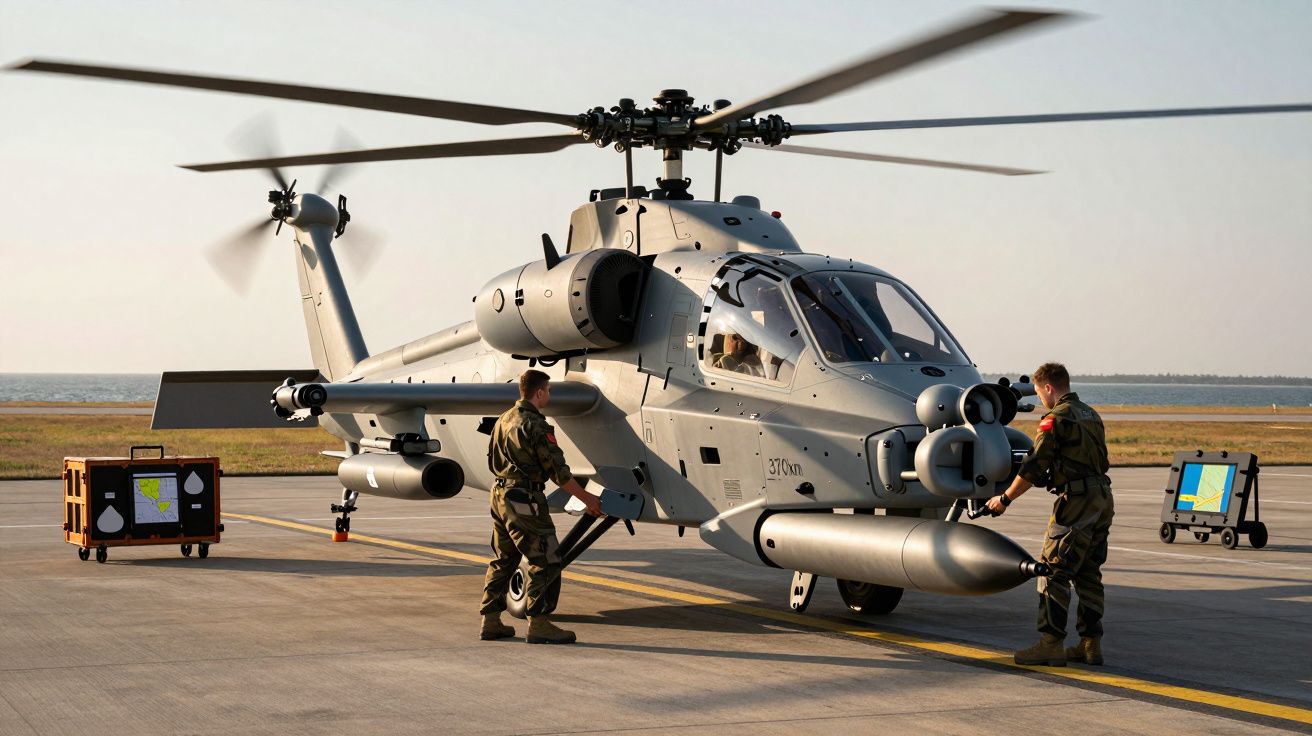 Helicóptero militar cinzento estacionado numa pista com dois soldados a inspecioná-lo, durante o dia.