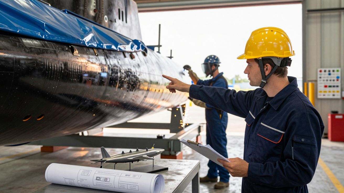 Homem com capacete aponta para submarino em construção, segurando prancheta; engenheiro ao fundo usa máscara de proteção.