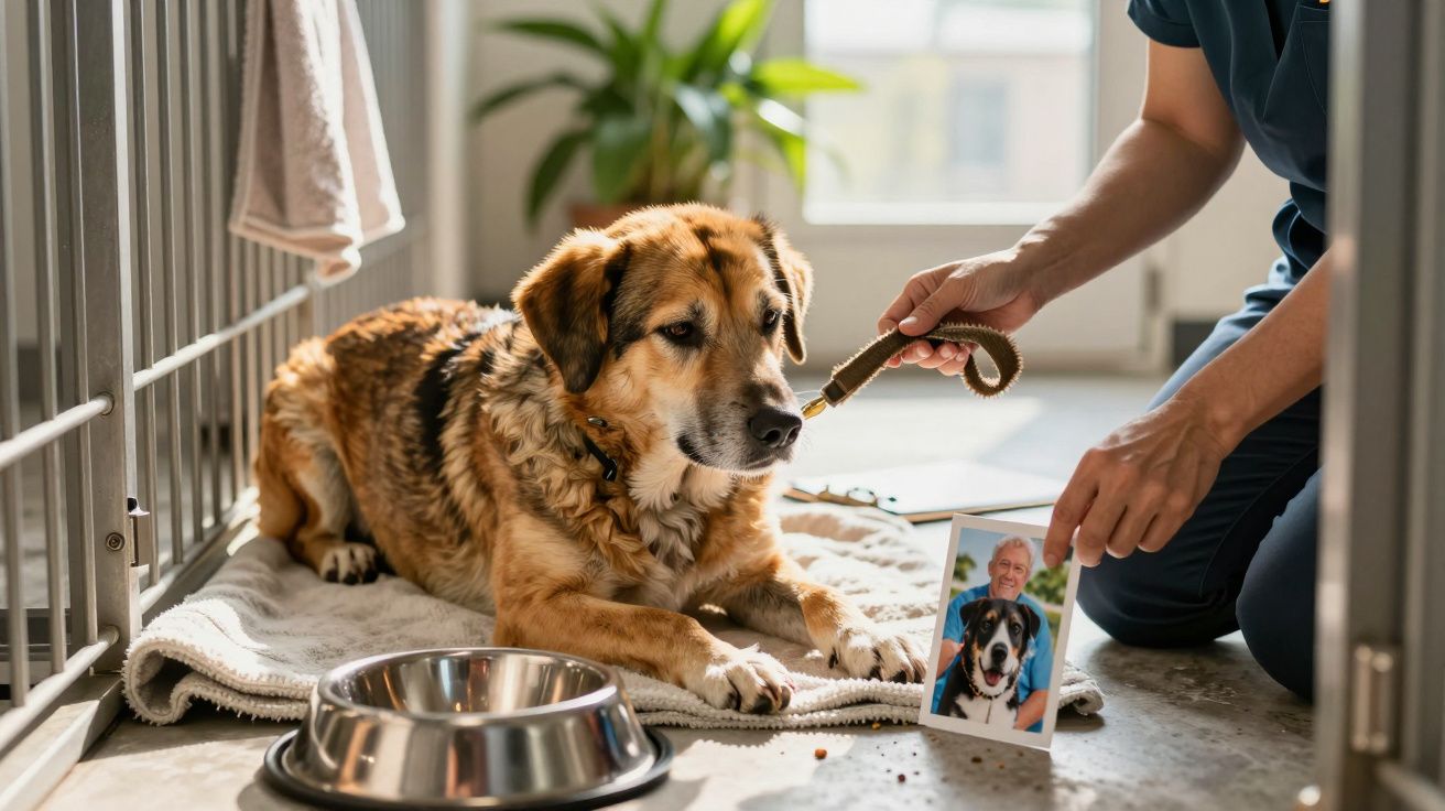 Cão deitado numa cama ao lado de uma tigela, enquanto pessoa segura uma trela e uma foto do cão com um homem.