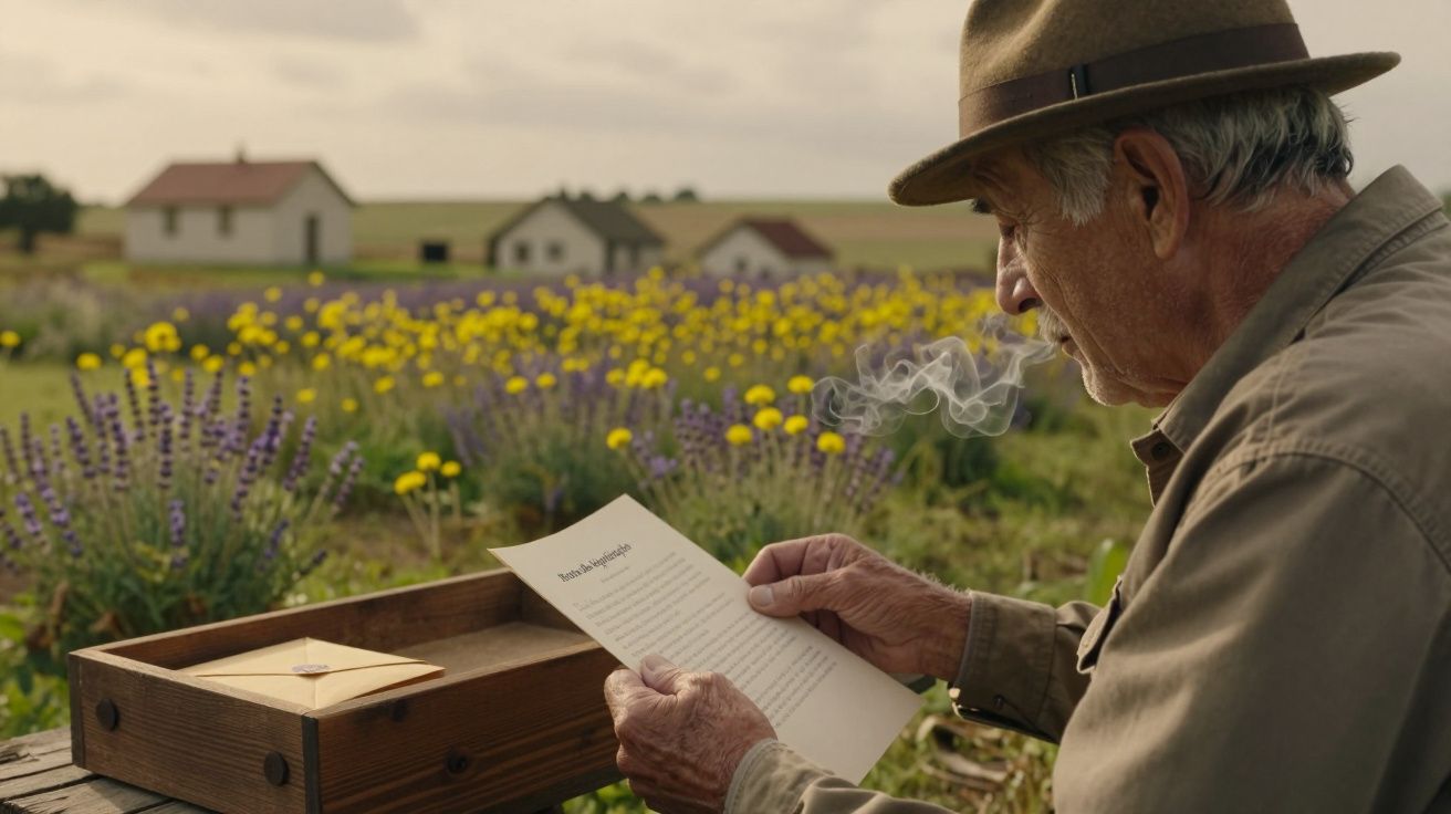 Homem idoso com chapéu lê carta num campo de flores, casas ao fundo. Uma caixa de madeira está sobre a mesa.