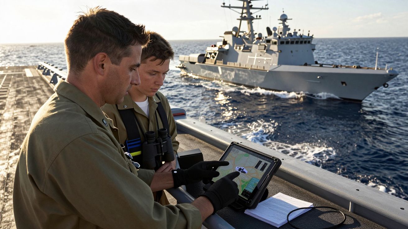 Dois militares analisam um mapa num tablet a bordo de um navio, com uma fragata visível ao fundo no mar.