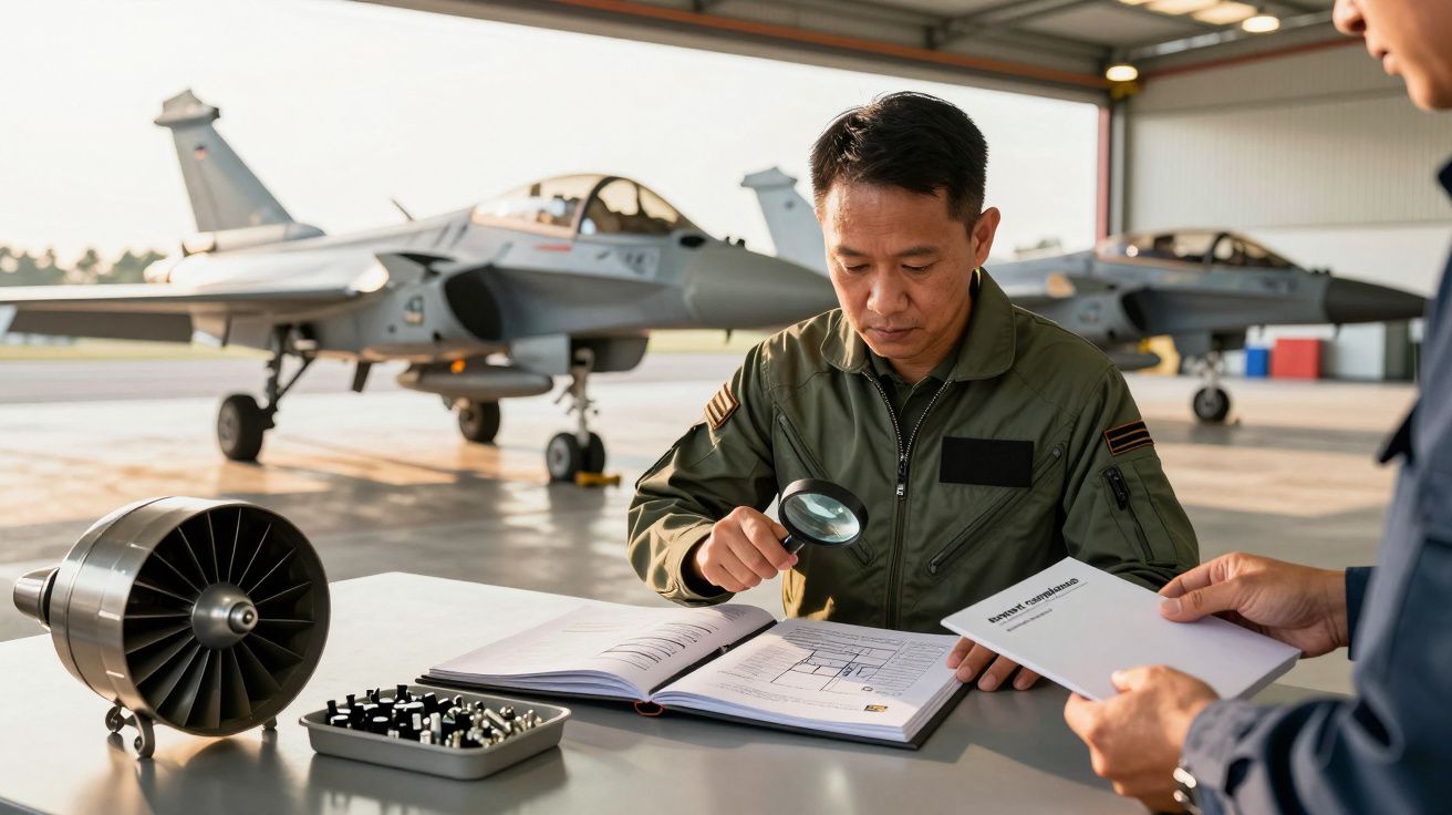 Homem em uniforme militar analisa documentos numa mesa com peças de motor, dois aviões de combate ao fundo.
