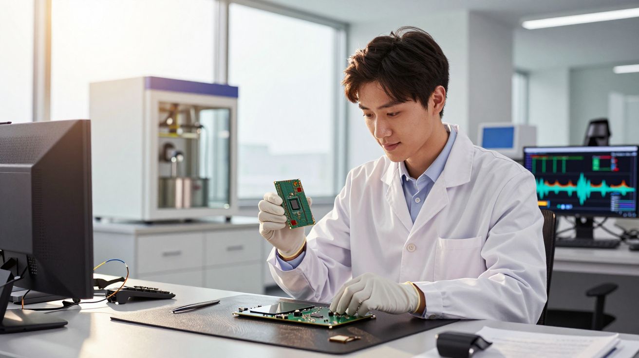 Técnico em laboratório analisa placa de circuito com computadores e equipamentos ao fundo.