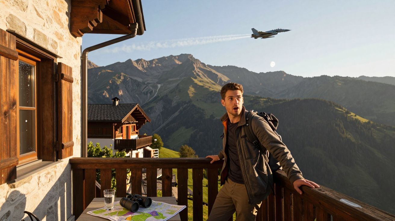 Homem com mochila em varanda de montanha observa jato a passar, há um mapa e binóculos sobre a mesa.