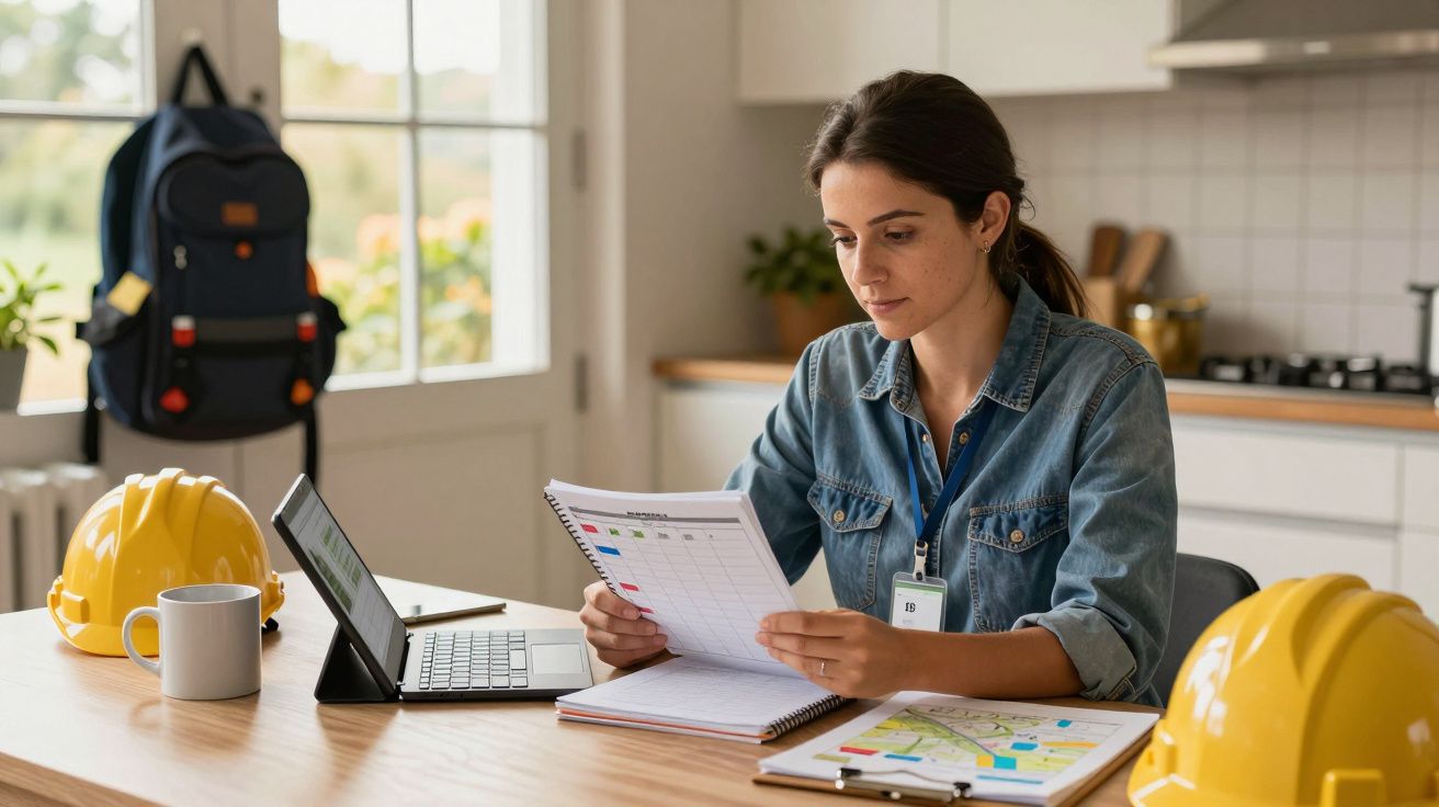Mulher sentada à mesa com laptop e documentos, capacetes de segurança ao lado.
