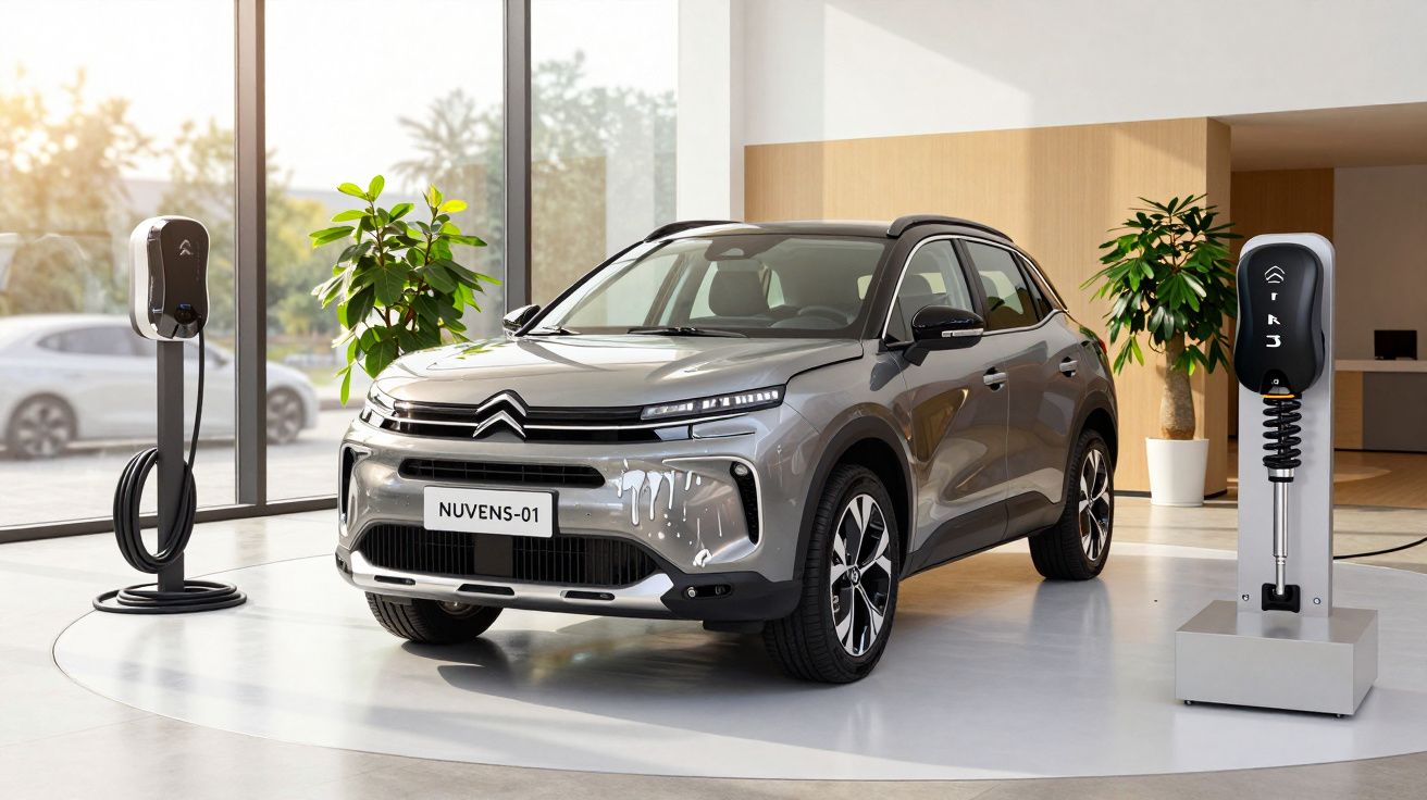Carro elétrico Citroën cinzento, estacionado num espaço moderno com duas estações de carregamento.