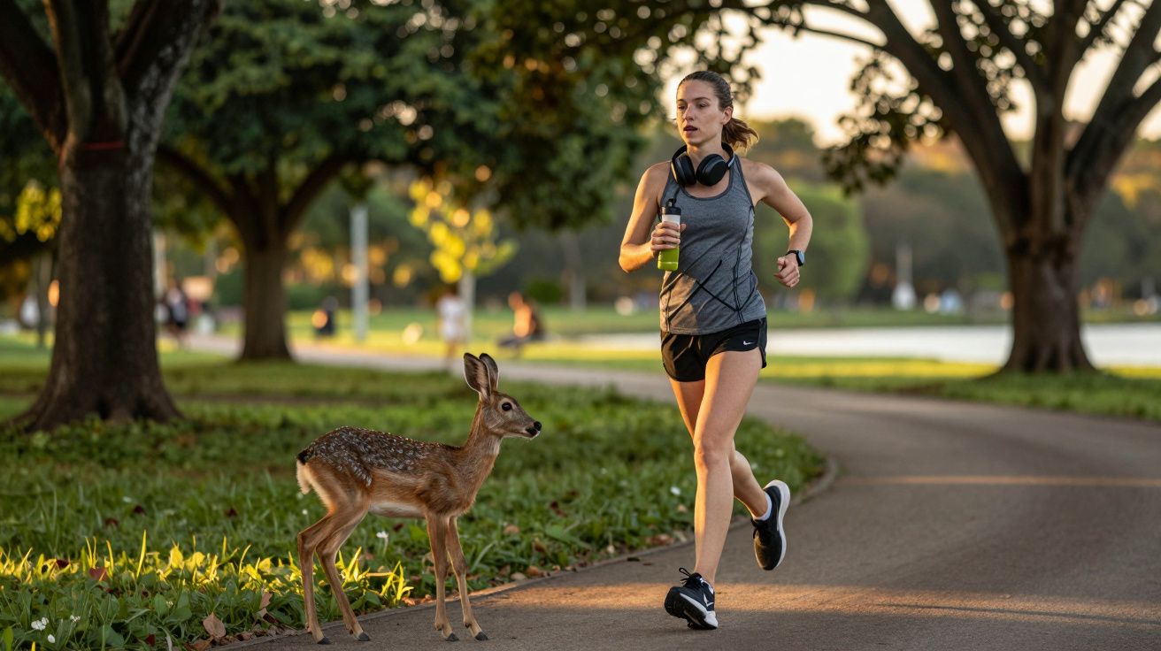 Mulher a correr em parque com um cervo jovem ao lado, segurando uma garrafa e usando auscultadores, árvores ao fundo.