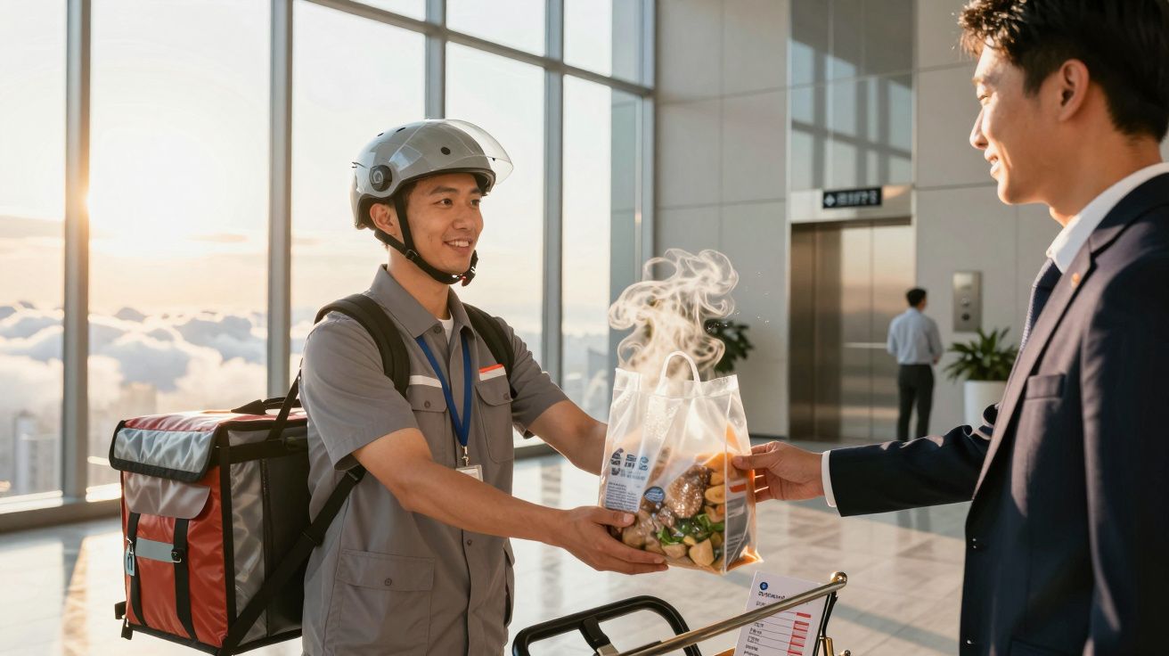 Entregador com capacete entrega refeição quente a um homem de fato num edifício moderno e iluminado pelo sol.