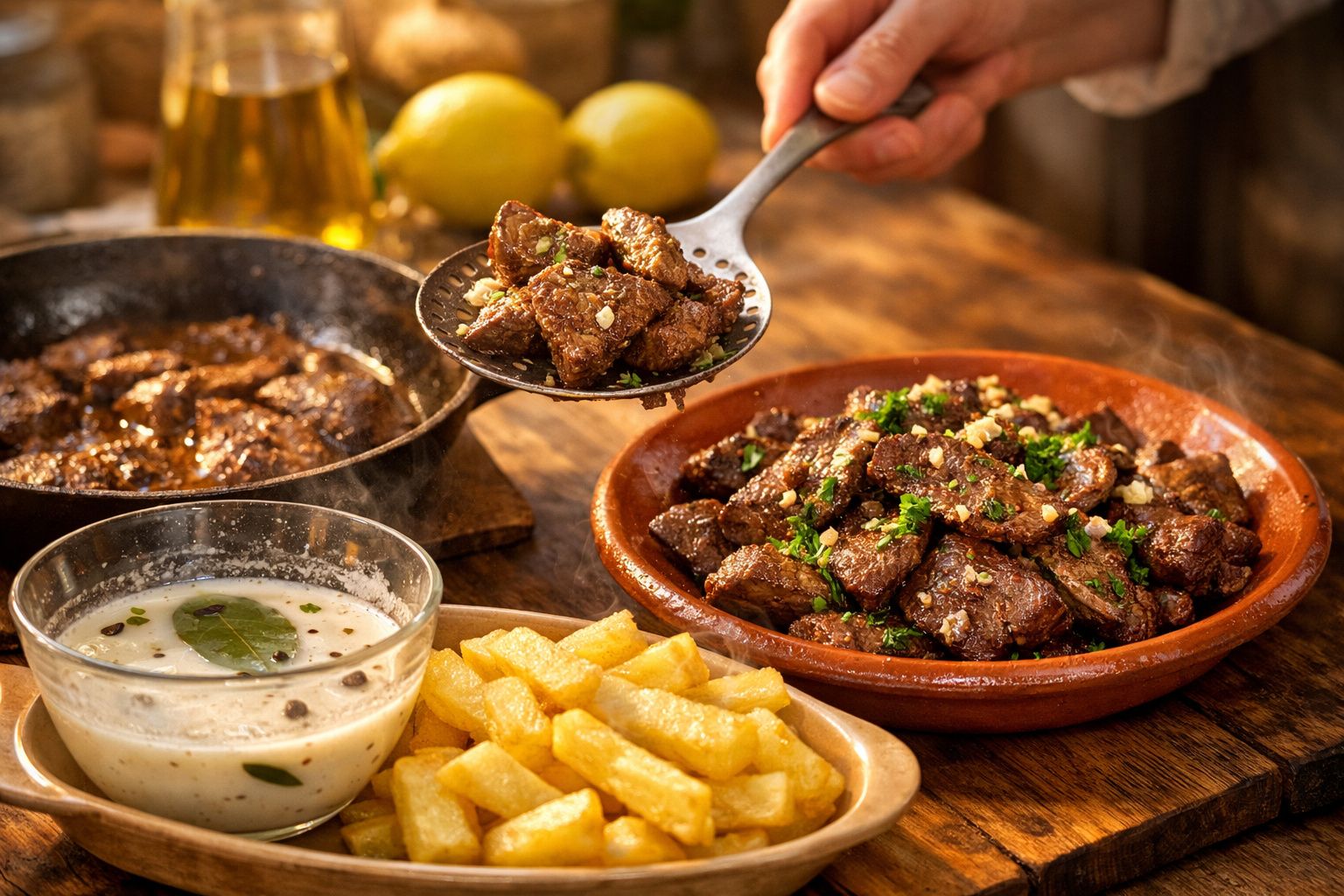 Pessoa prepara bife de cebolada, escorrendo carne marinada em leite, com batatas assadas e frigideira ao lado.