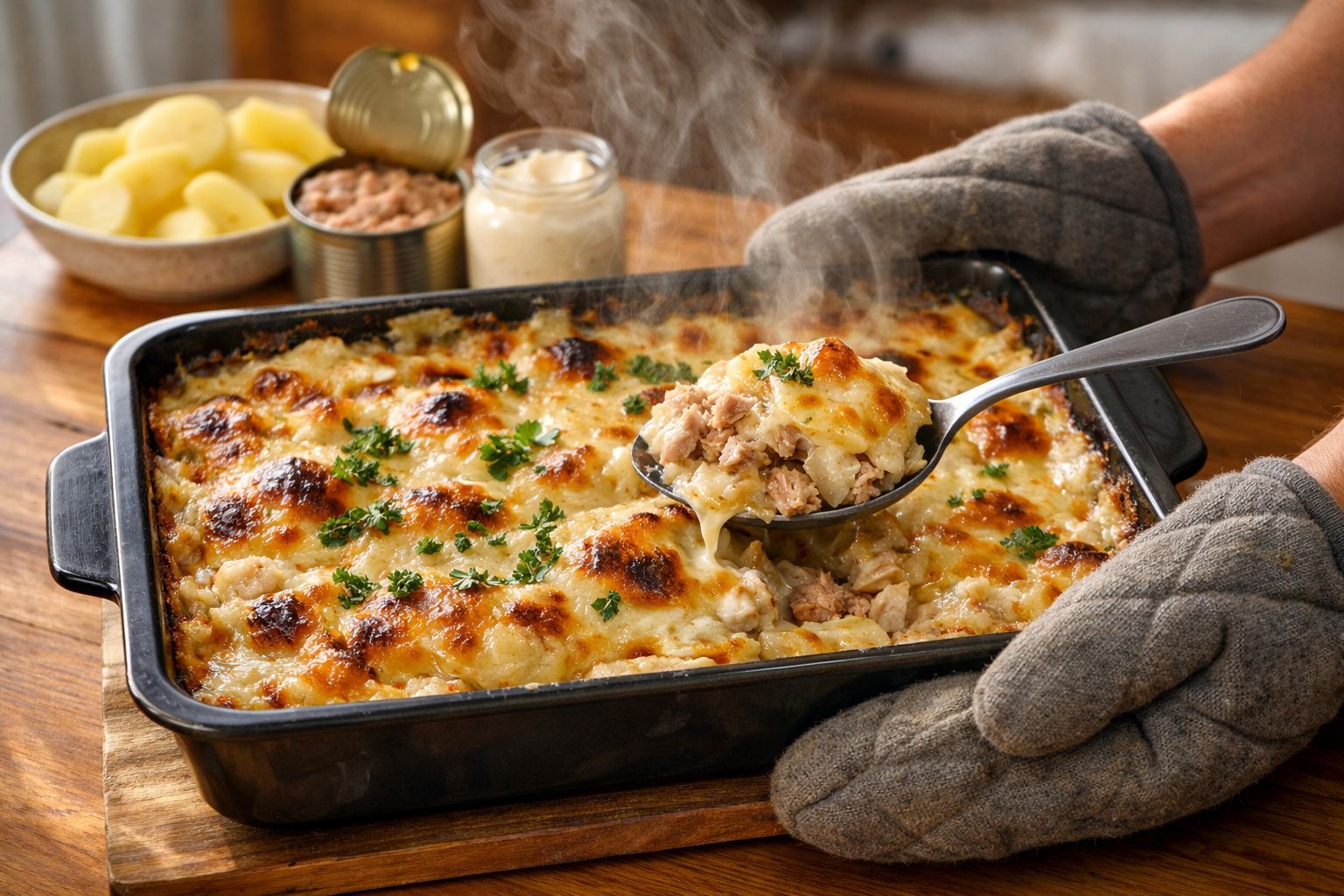 Pessoa segura tabuleiro de bacalhau com natas acabado de sair do forno. Ao lado, tigela com batatas fatiadas.