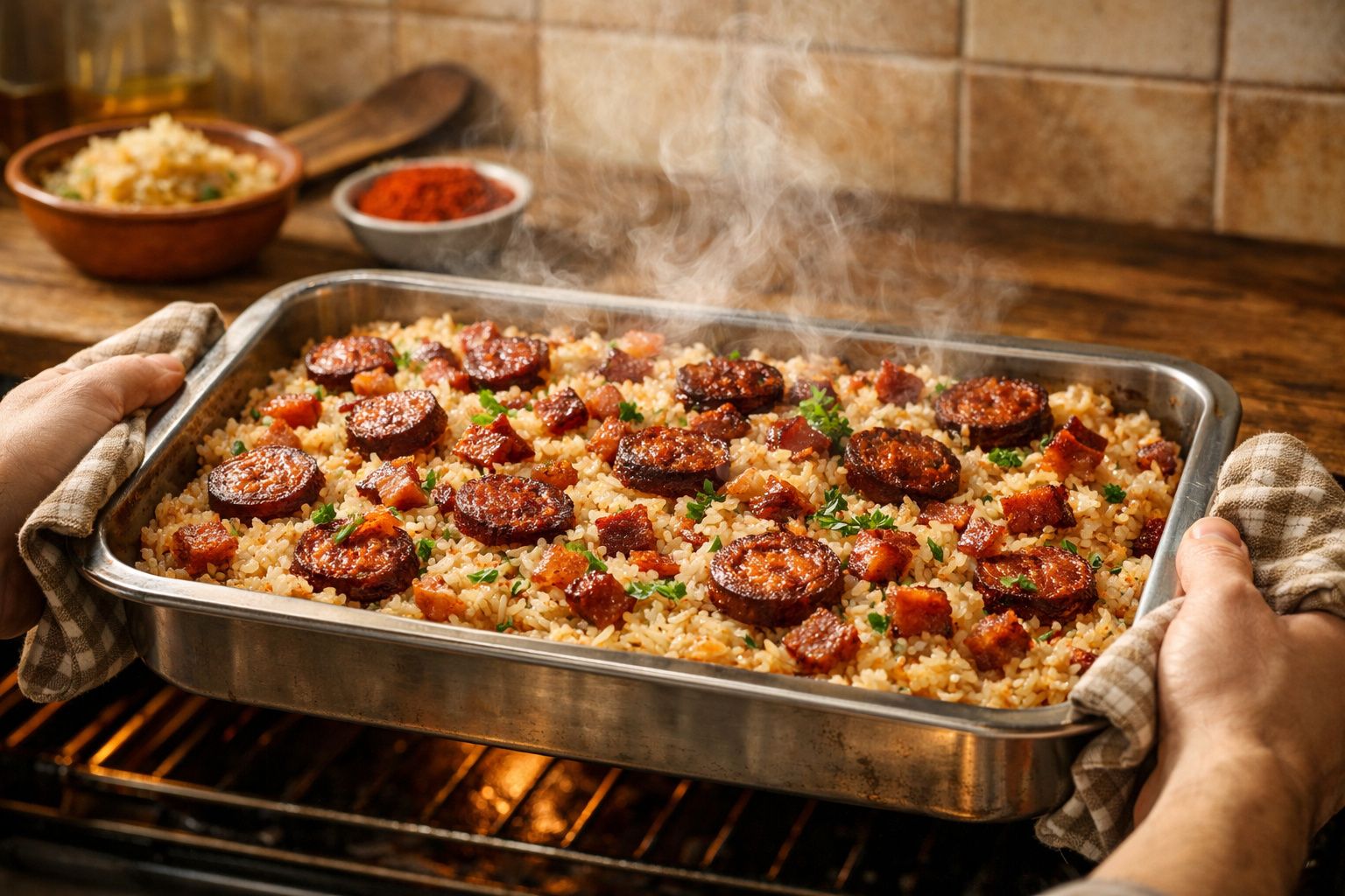 Mãos seguram um tabuleiro de arroz de forno com chouriço e carne, com vapor visível.