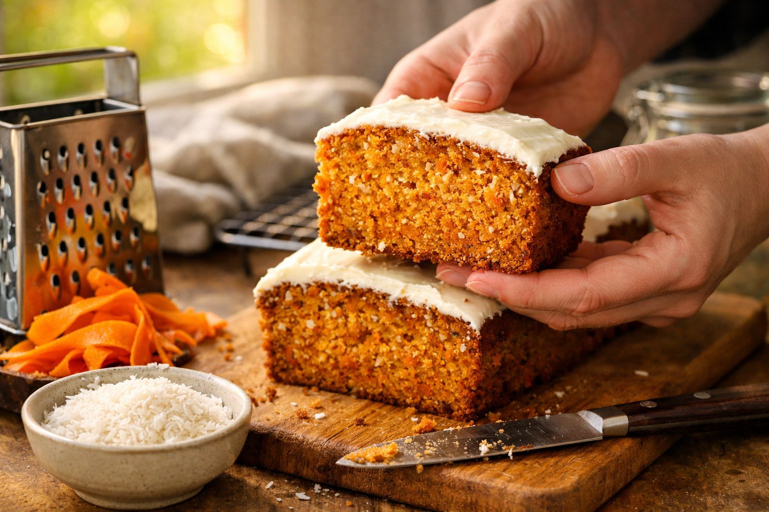 Mãos a servir uma fatia de bolo de cenoura numa travessa de cerâmica, com migalhas caídas ao lado de cenouras frescas.