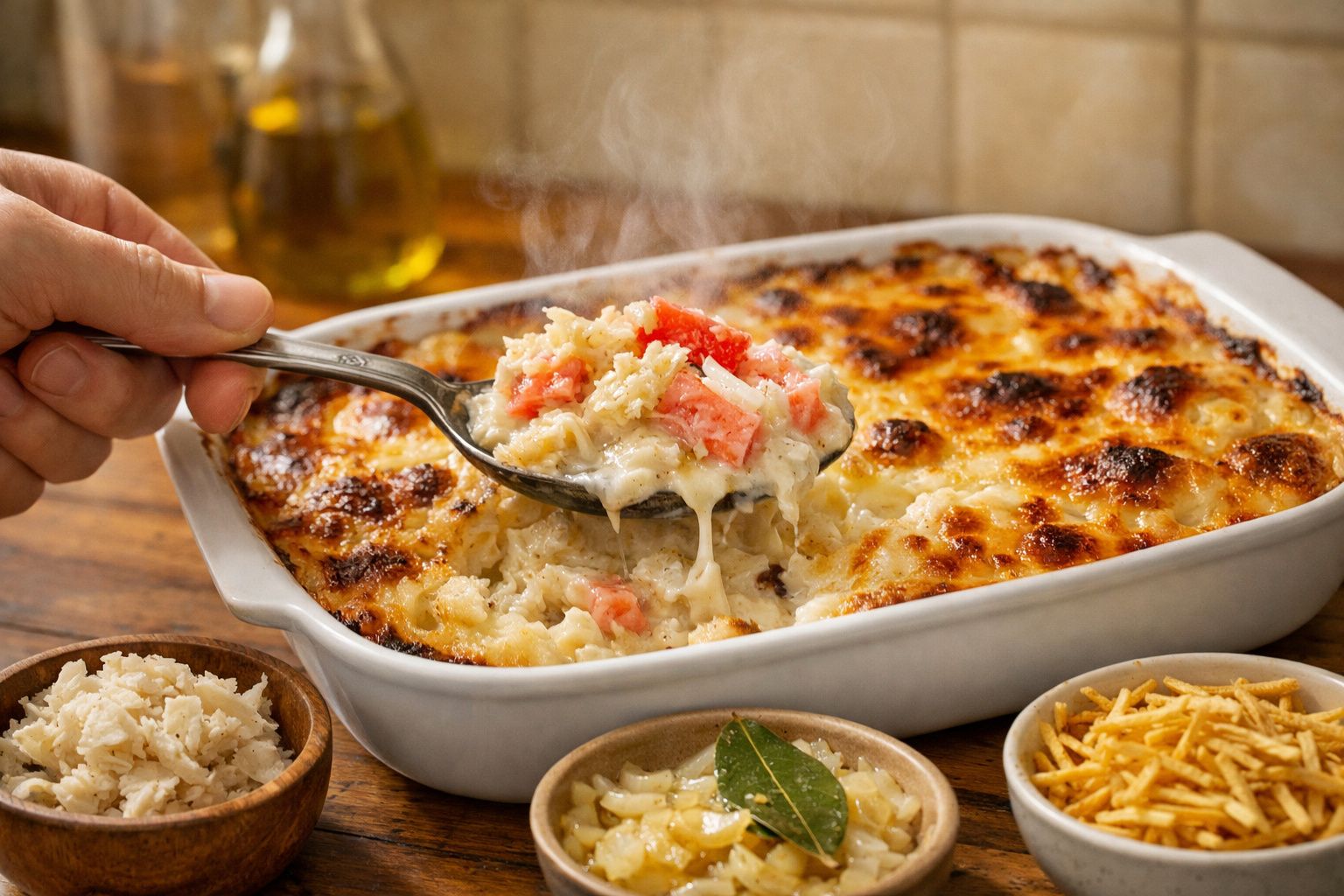 Pessoa serve gratinado de bacalhau em travessa branca, com acompanhamento de pão ralado e cebola salteada.